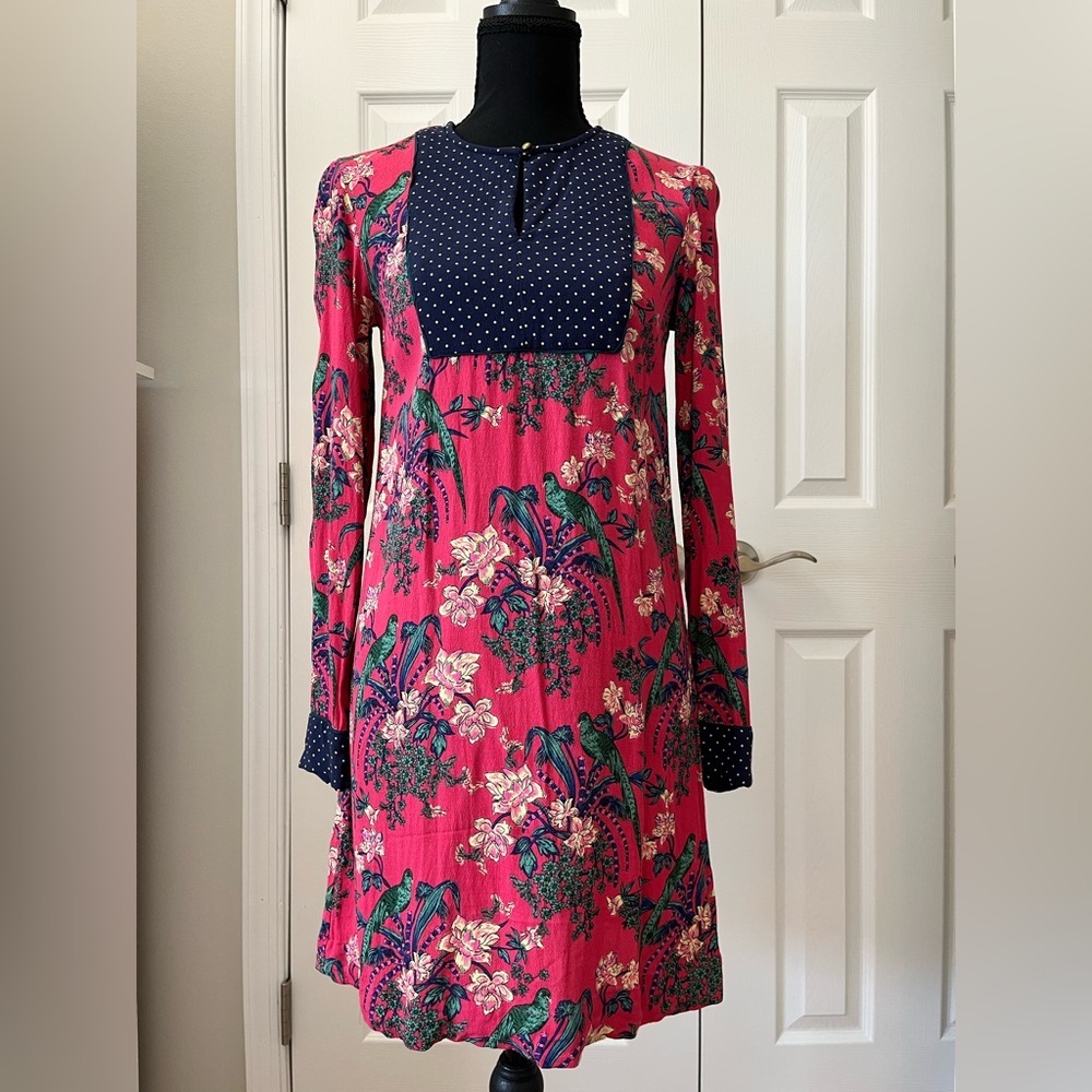Maeve Anthropologie Floral Bird Print Pink Shift Dress Size 0